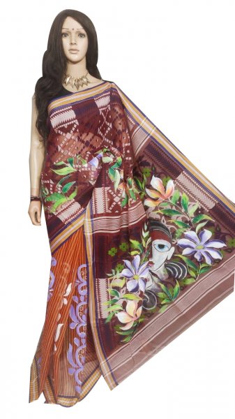 Maroon, Orange and mix colored hand painted full body work jamdani silk saree